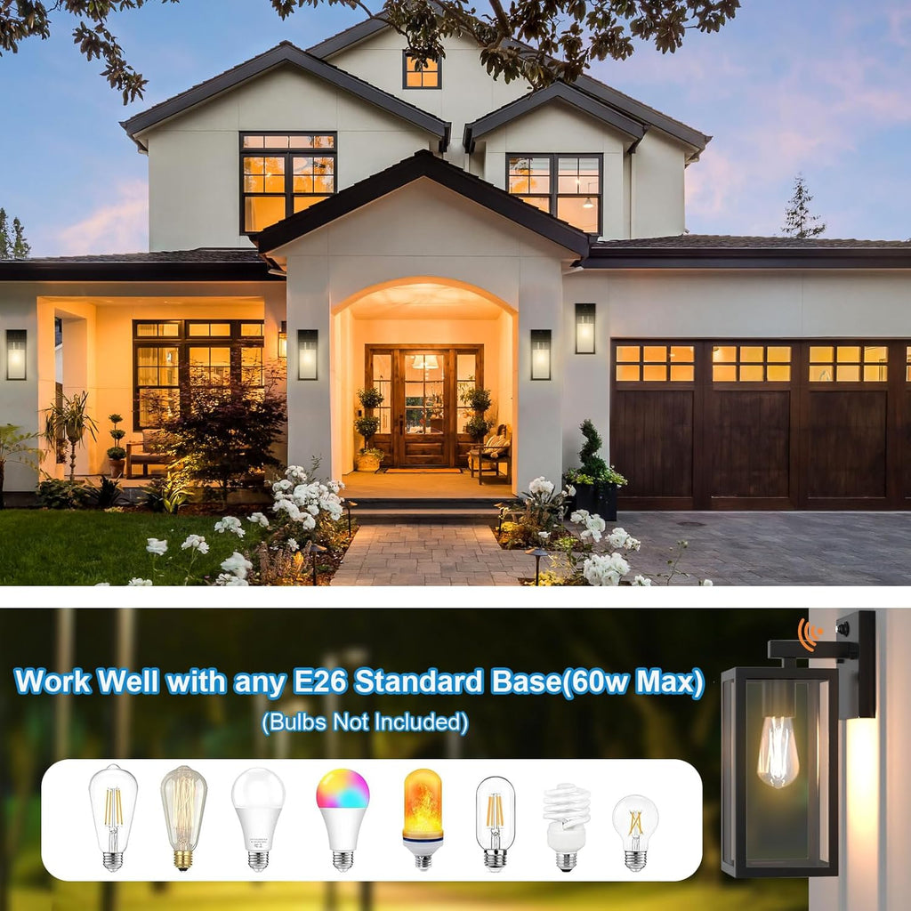 Dusk to Dawn Outdoor Wall Sconce, Black Waterproof Porch Light Fixture with E26 Socket & Glass Shade, Modern Exterior Lantern for Patio Entryway (2 Pack)