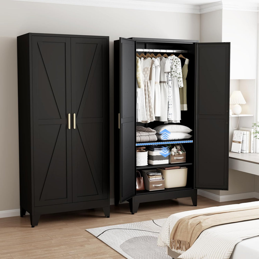 71" Armoire Wardrobe Closet, Metal Wardrobe Closet with Hanging Rod | Wardrobe Closet with Doors, Wardrobe Cabinet
