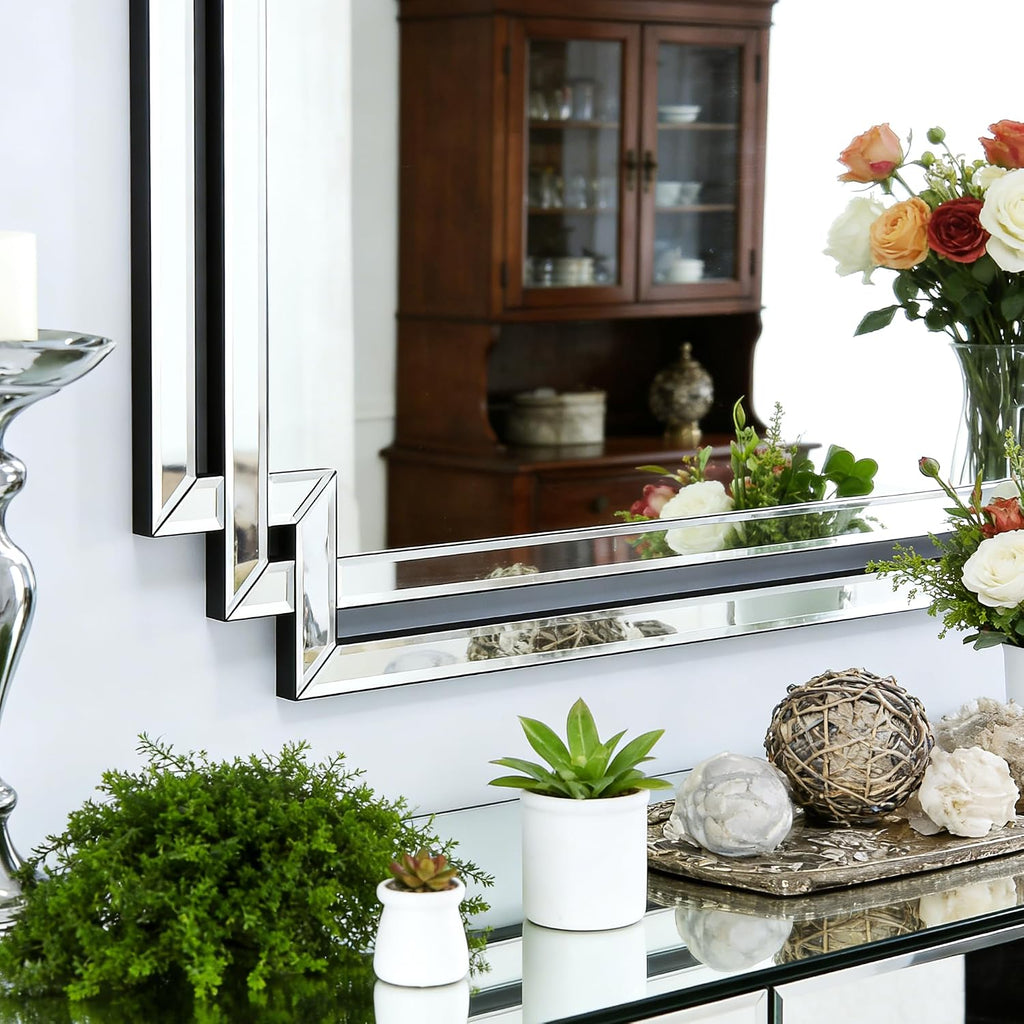 Modern Large Living Room Mirror with Mirrored Frame Decor, 24" X 36" Decorative Wall Mirror with Glass Pieces and