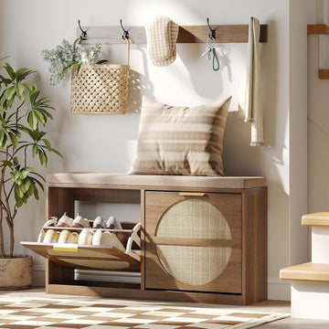 Rattan Entryway Bench with Seat Cushion & Coat Rack, Shoe Storage Cabinet with 2 Flip Drawers, Narrow Shoe Rack, 5