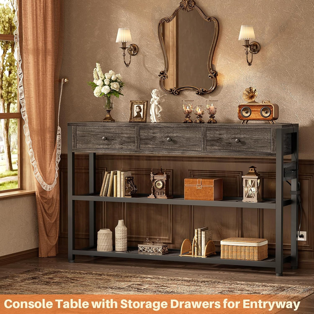 47'' Entryway Table with Outlets and USB Ports, Console Table with 3 Drawers, Sofa Table Narrow Long with Storage