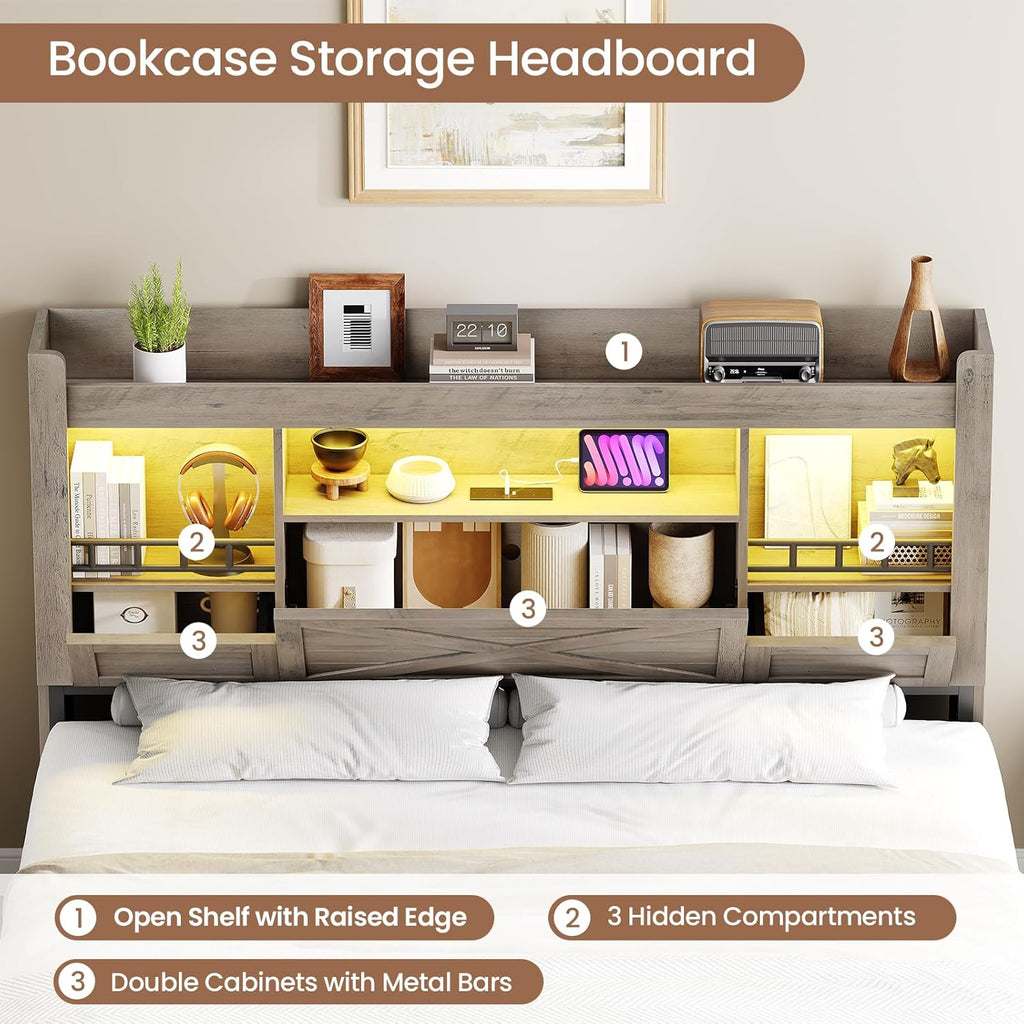 Farmhouse Full Bed Frame with Flip-Down Bookcase Storage Headboard and 4 Drawers, Rustic Wood Platform Bed Frame Full