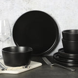 Bowery 32 Piece Matte Black Stoneware Dinnerware Plates, Bowls, and Mugs Set - Service for 8