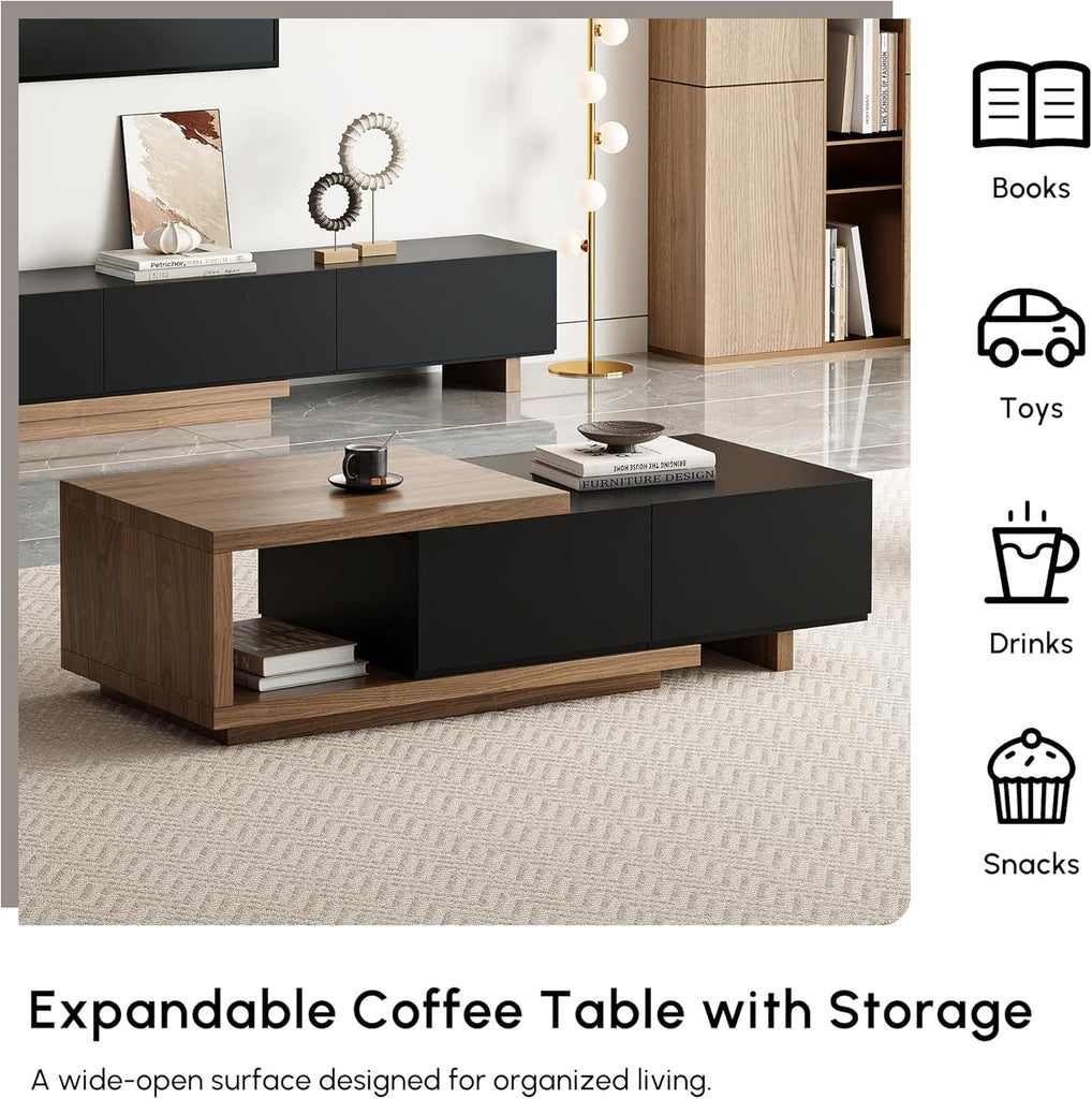 Extendable Coffee Table, 47"-69" Expandable Walnut Coffee Table with 2 Drawers