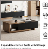 Extendable Coffee Table, 47"-69" Expandable Walnut Coffee Table with 2 Drawers