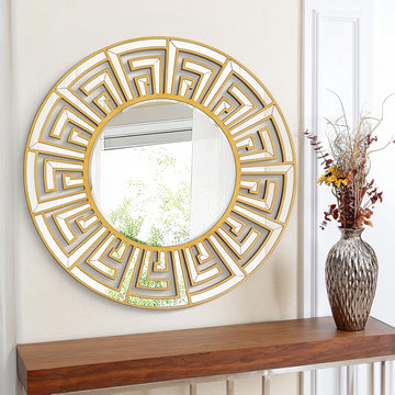 31.5"x31.5" Gold Round Mirror with Decorative Geometric Pattern, Accent Wall Mounted Mirror for Modern Living Room