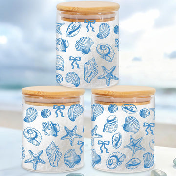 3Pcs Coastal Beach Glass Storage Jars with Airtight Lid Blue Bow Seashell Starfish Conch Decorative Clear Canisters