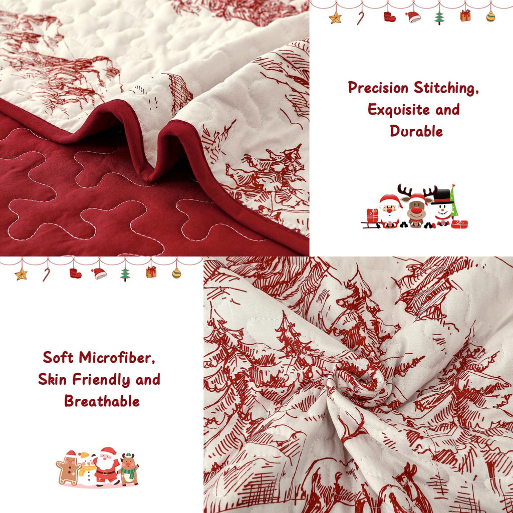 Christmas Quilt Set King Size, Xmas Red Cottage Tree Bedding