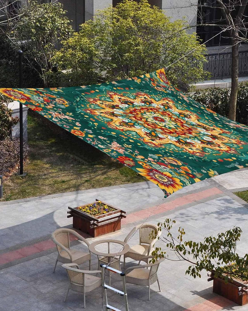 Boho Flower Sun Sail Shades Rectangle Canopy,Sunlight Block Heavy Duty Curved Backyard Shade Cover,Yellow Green