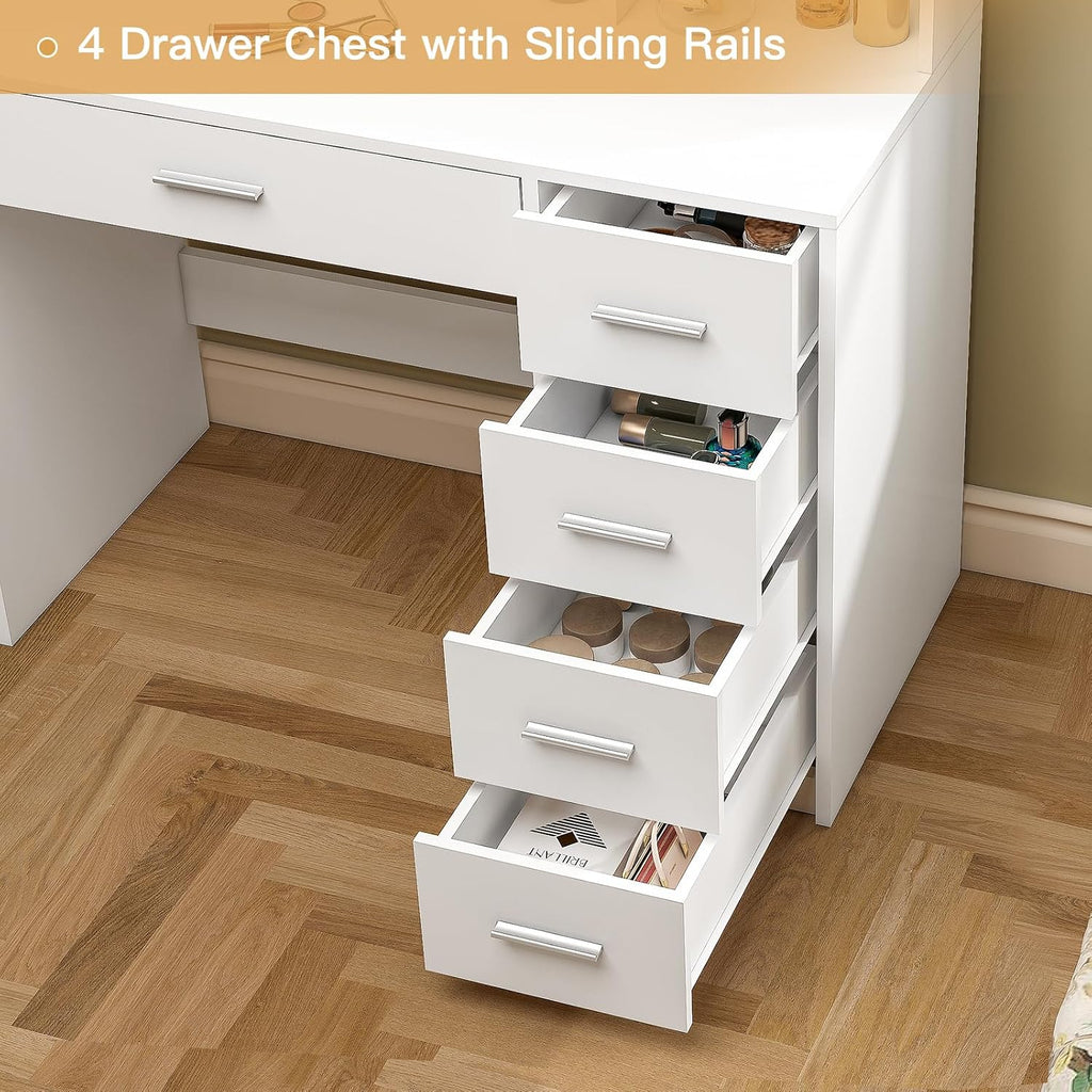 Vanity Desk with Mirror & Lights, Makeup Vanity with 5 Drawers & Storage Shelves, White Vanity Table, 3 Color Modes &