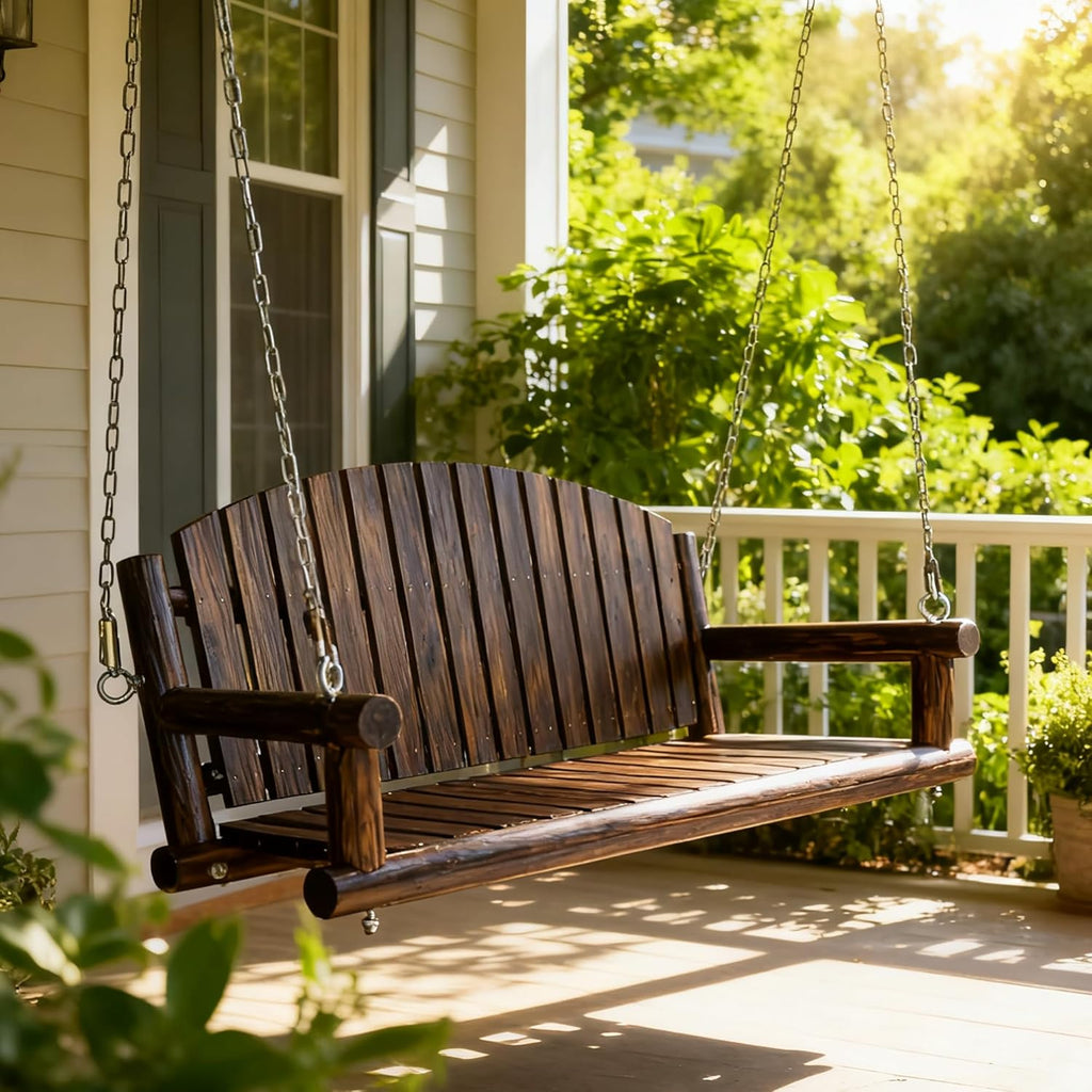 3.5 FT Rustic Log Wooden Porch Swing, Heavy-Duty 900 LBS, Outdoor Hanging Bench , Garden, Yard - Solid Fir Wood