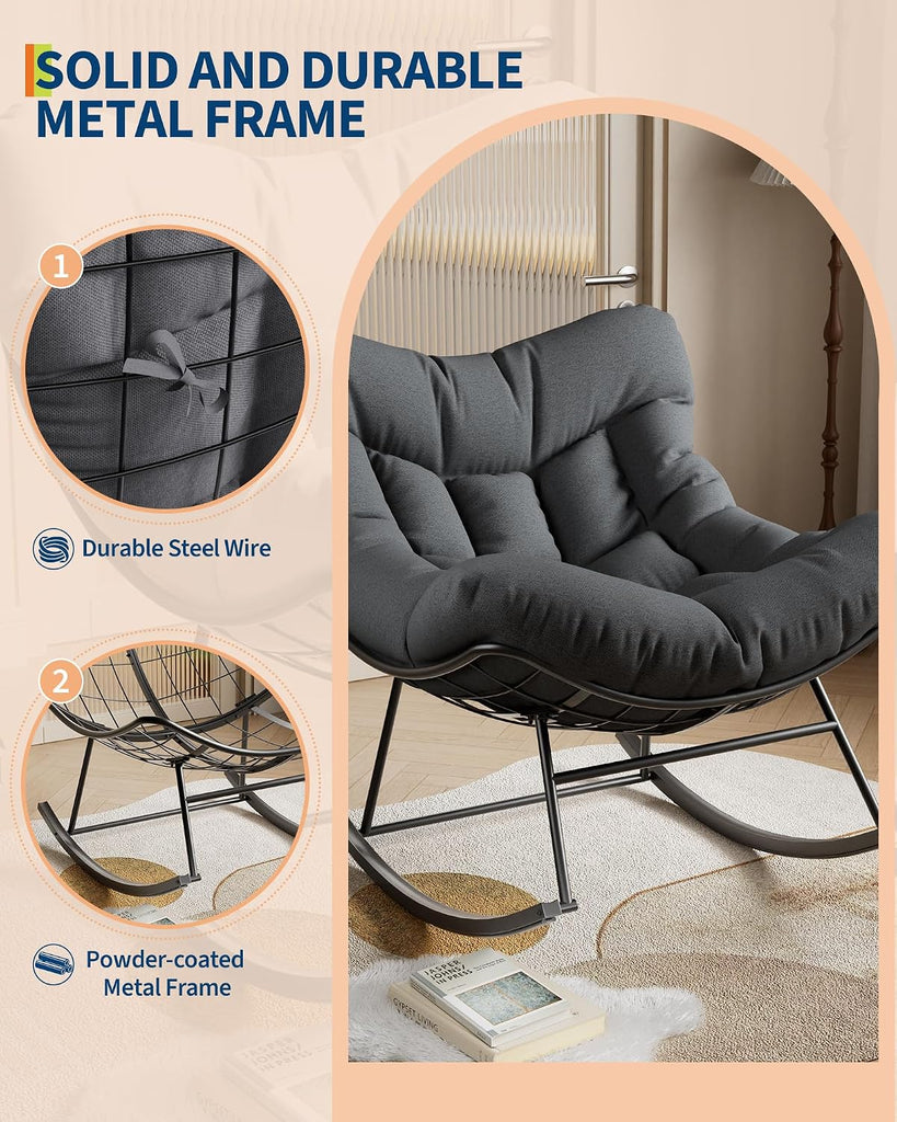 Outdoor Papasan Rocking Chair for Balcony Backyard Porch Bedroom | Oversized Rocking Chair with Sturdy Metal Frame