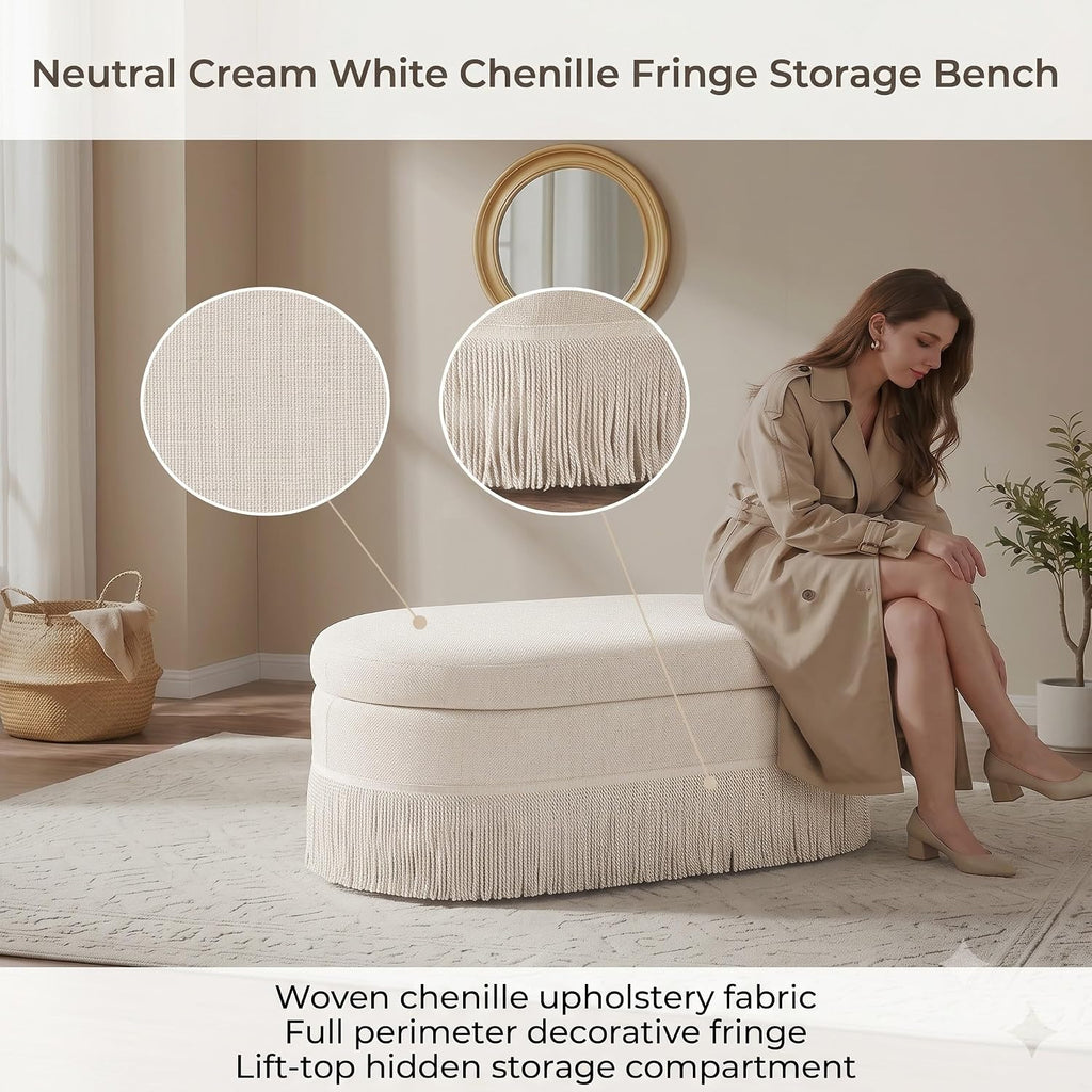 End of Bed Storage Bench, Oval Chenille Fringe Ottoman