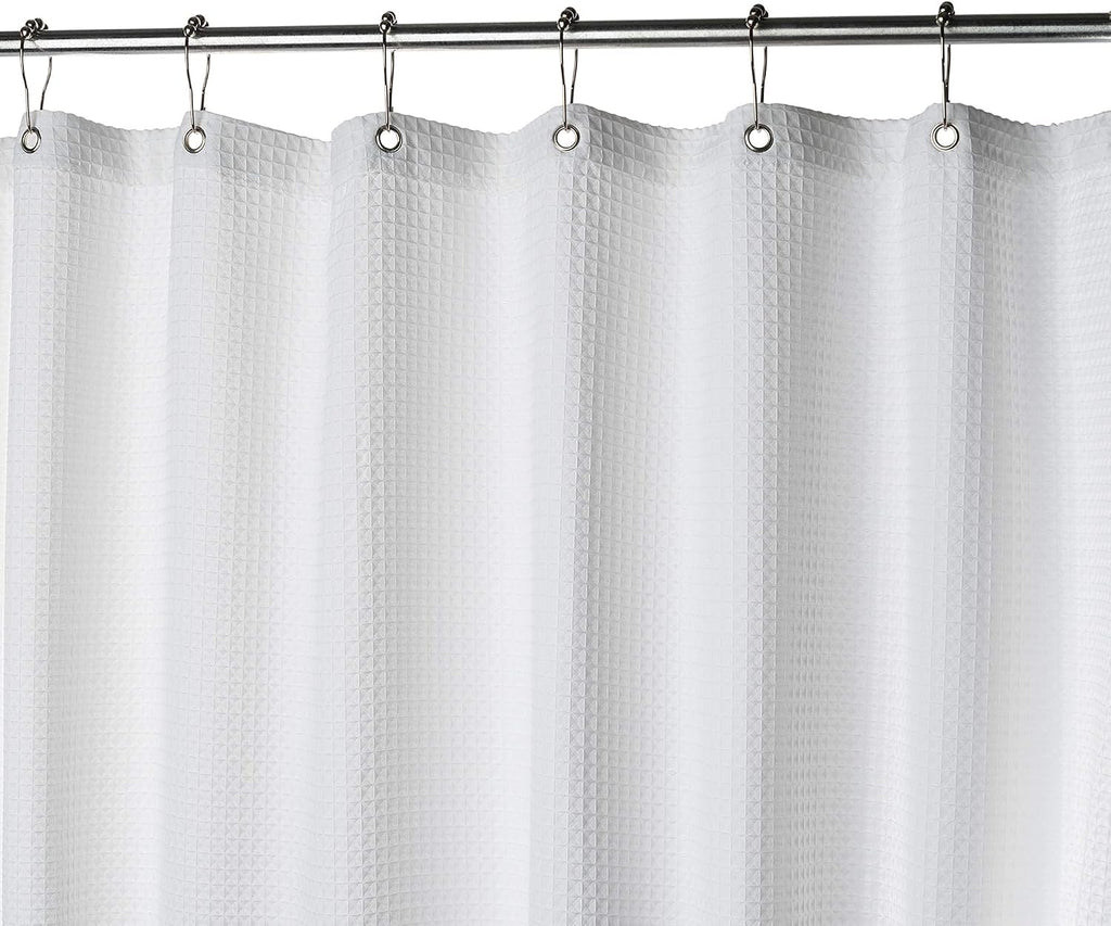 Waffle Fabric White Shower Curtain with Liner Set - Includes Free Clear Liner, Decorative Shower Curtain Set