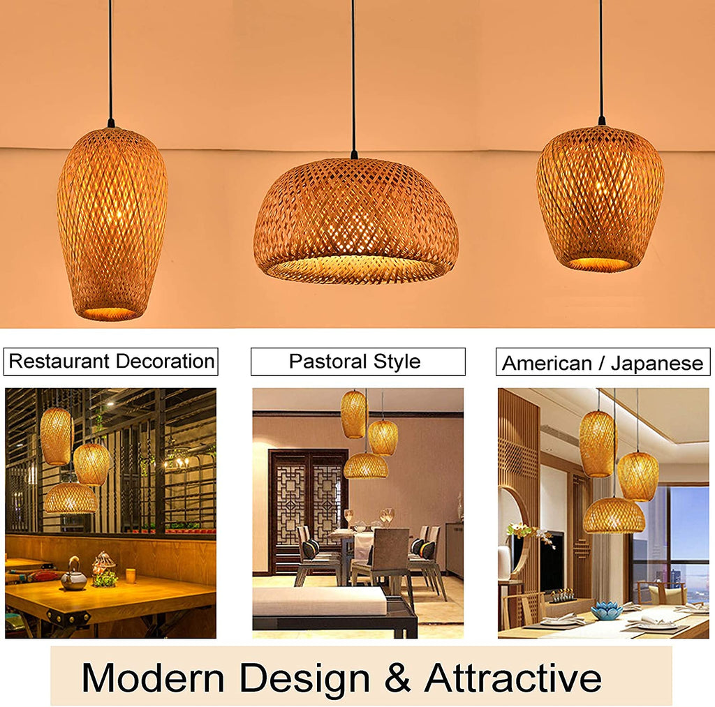 Bamboo Pendant Lights, 3 Headlights E26 E27 Retro Rustic Yellow Bamboo Wicker Rattan Woven Chandelier Lamp Shade