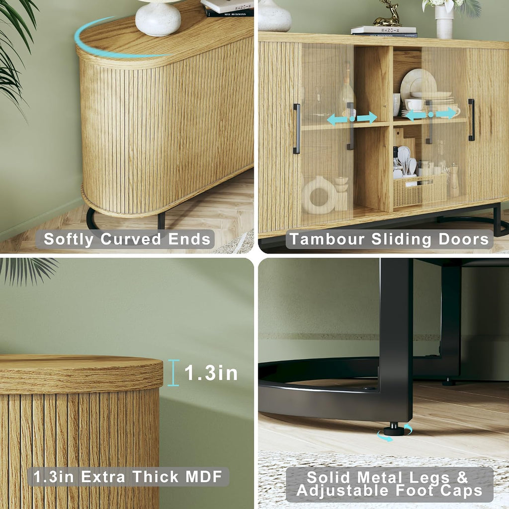 54.3" Buffet Cabinet with Storage, Fluted Sideboard with Tambour Doors, Modern Kitchen Storage Cabinet with