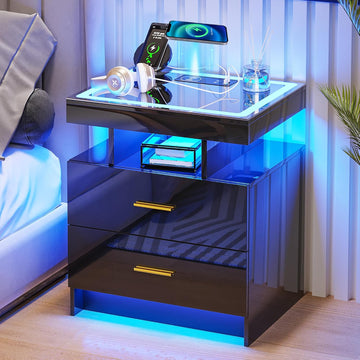 LED Nightstand with Charging Station (USB,Type-C Ports) High Gloss Bedside Table with 2 Drawers, Smart Night Stand