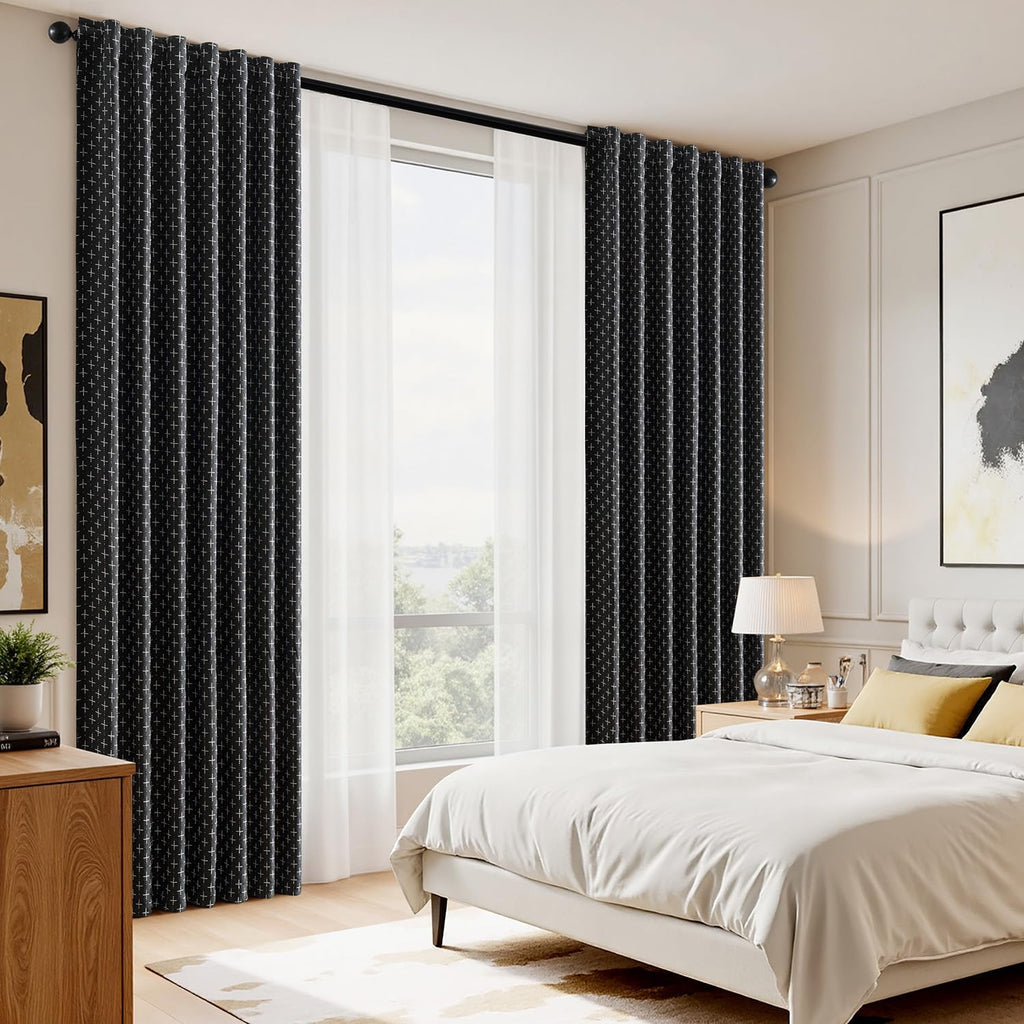 100% Blackout Decorative Linen Curtains with Geometric Pattern, Thick Woven Farmhouse Rustic Patterned Drapes with Back Tab for Bedroom and Living Room, Black, 2 Panels