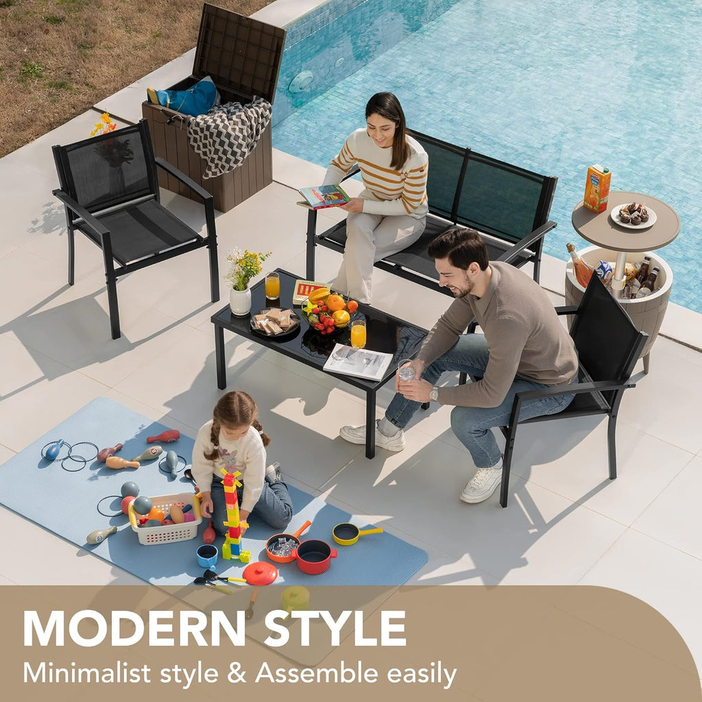 Outdoor Furniture Set 4 Piece Patio Conversation Sets Porch Furniture with Lawn Chairs & Glass Coffee Table for Garden