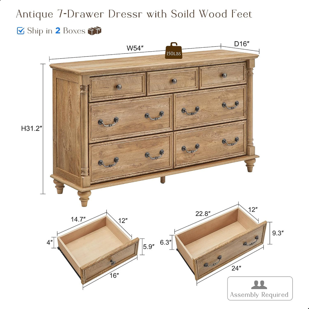 Farmhouse 7-Drawer Dresser with Solid Wood Feet, Light Tree Knot | 4 Solid Wood Feet, Decorative Solid Wood Column