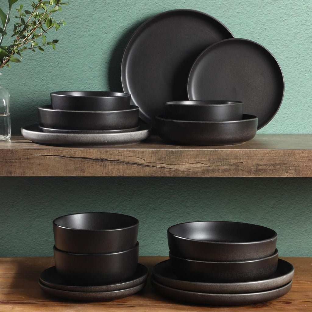 Pasco 16 Piece (Service for 4) Plates and Bowls Double Bowl Reactive Glaze Dishes Stoneware Ceramic Dinnerware Set
