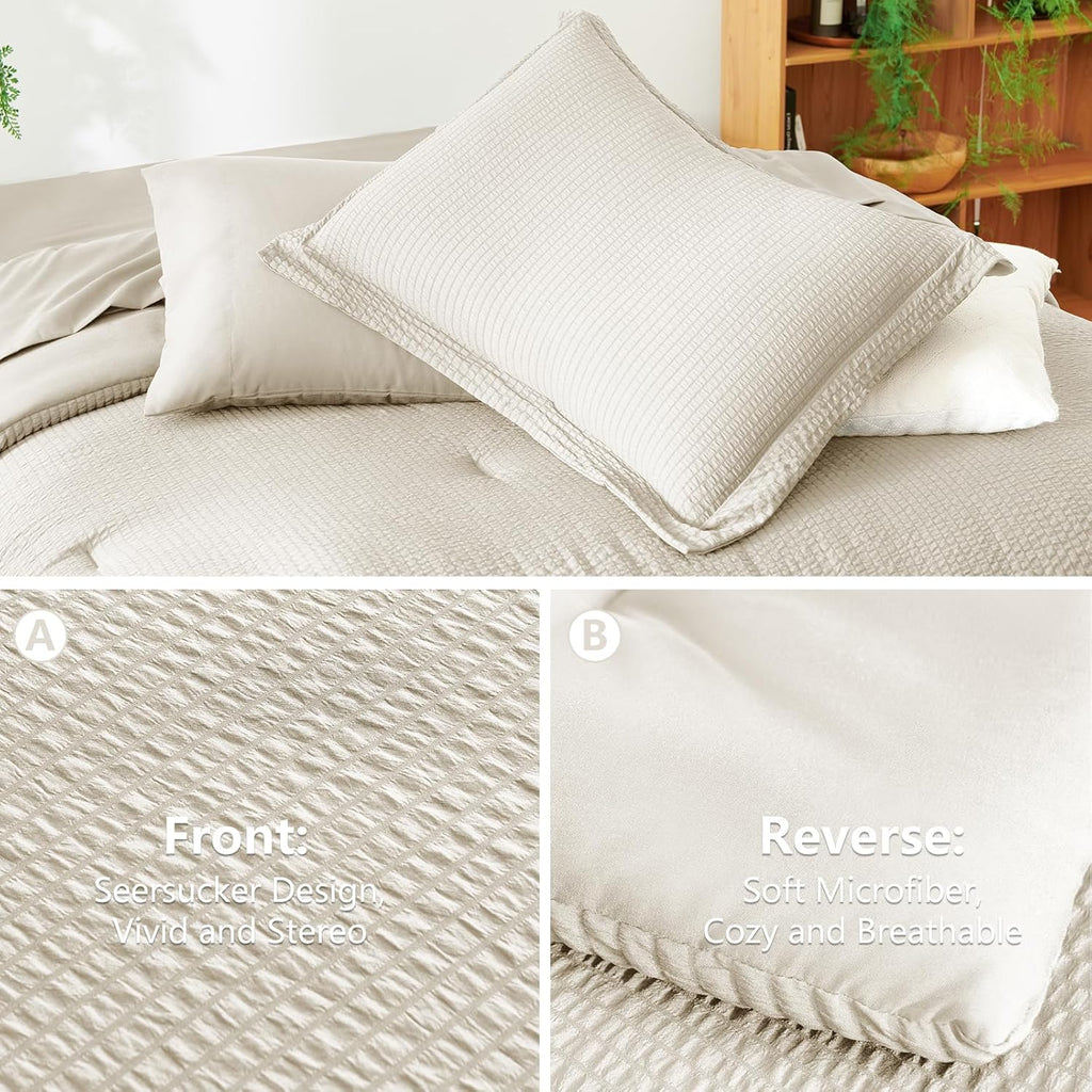 Queen Comforter Set Beige - 7 Pieces Striped Seersucker Bed in a Bag