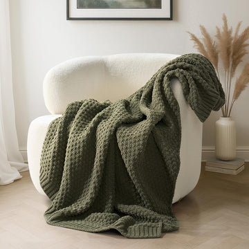 Chunky Chenille Knit Throw Blanket, Soft Luxurious Moss Stitch Chair Blankets, Cozy Decorative Farmhouse Knitted