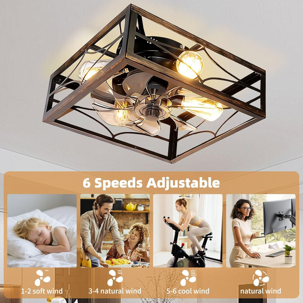 Caged Ceiling Fan with Light and Remote 16'' Rustic Square Flush Mount Ceiling Fan Small Farmhouse Bladeless Ceiling