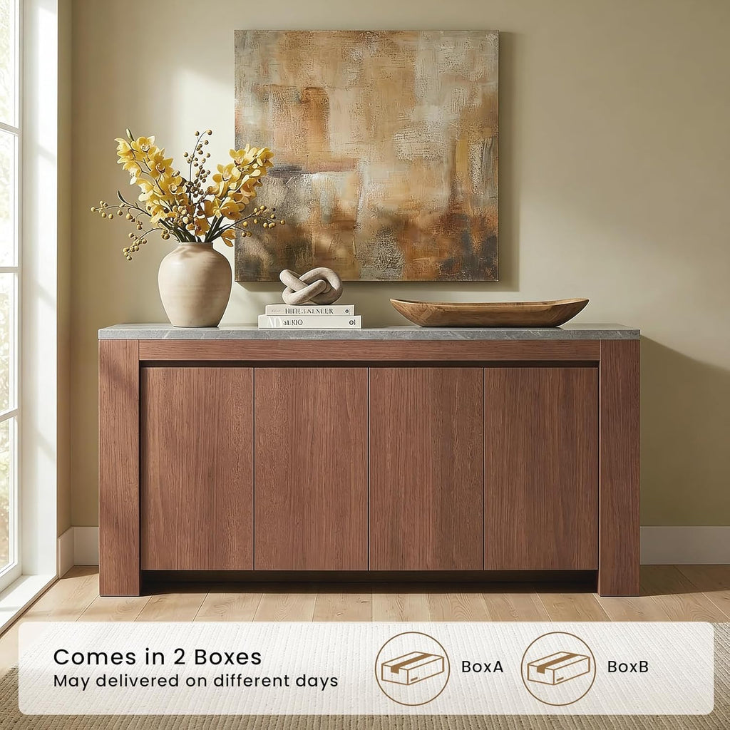 Buffet Cabinet with Storage, 63" Sideboard Buffet Accent Cabinet with Faux Marble Top & 4 Doors