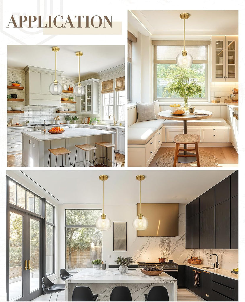 8 inch Modern Gold Pendant Light Fixtures, Mid Century Globe Pendant Lights with Clear Glass, 1 Light Hanging Lights