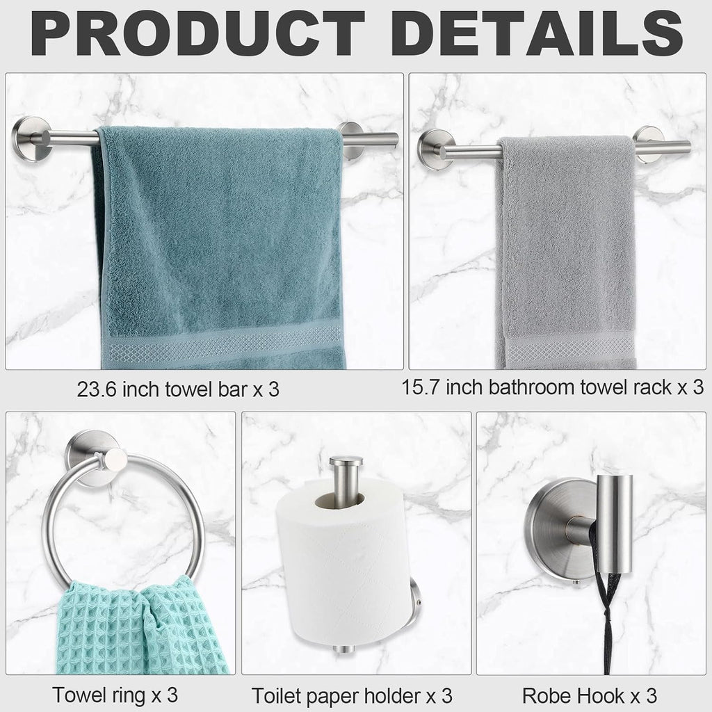 15 Pcs Brushed Nickel Bathroom Accessories Hardware Set Silver Towel Racks SUS304 Stainless Steel 23.6 Inch Brushed