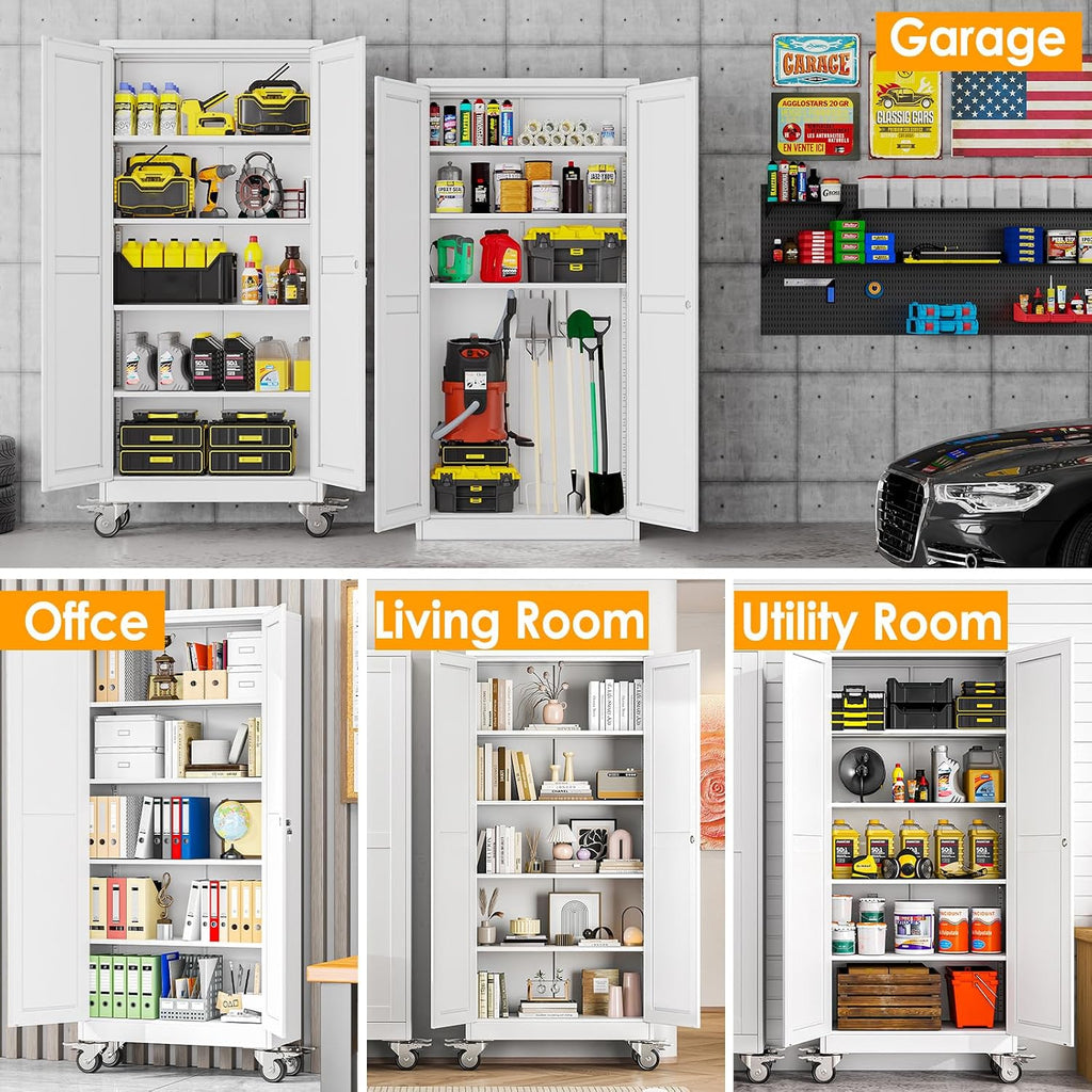 71''H Tall Metal Garage Storage Cabinet with Wheels,Steel File Cabinets with 2 Doors and 4 Adjustable Shelves