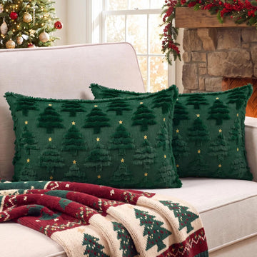 Christmas Pillow Covers 12x20 Set of 2, Green Lumbar Pillows