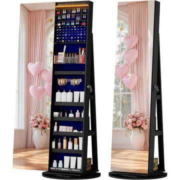 LED Jewelry Cabinet with Sliding Full Length Mirror, Black