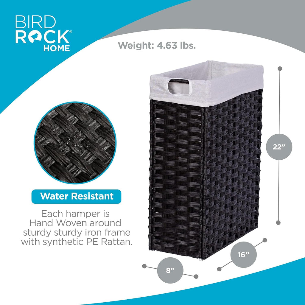 Slim Laundry Hamper with Removable Liner Bag | Brown | Hand Woven | Compact Collapsible Clothes Basket | Synthetic PE