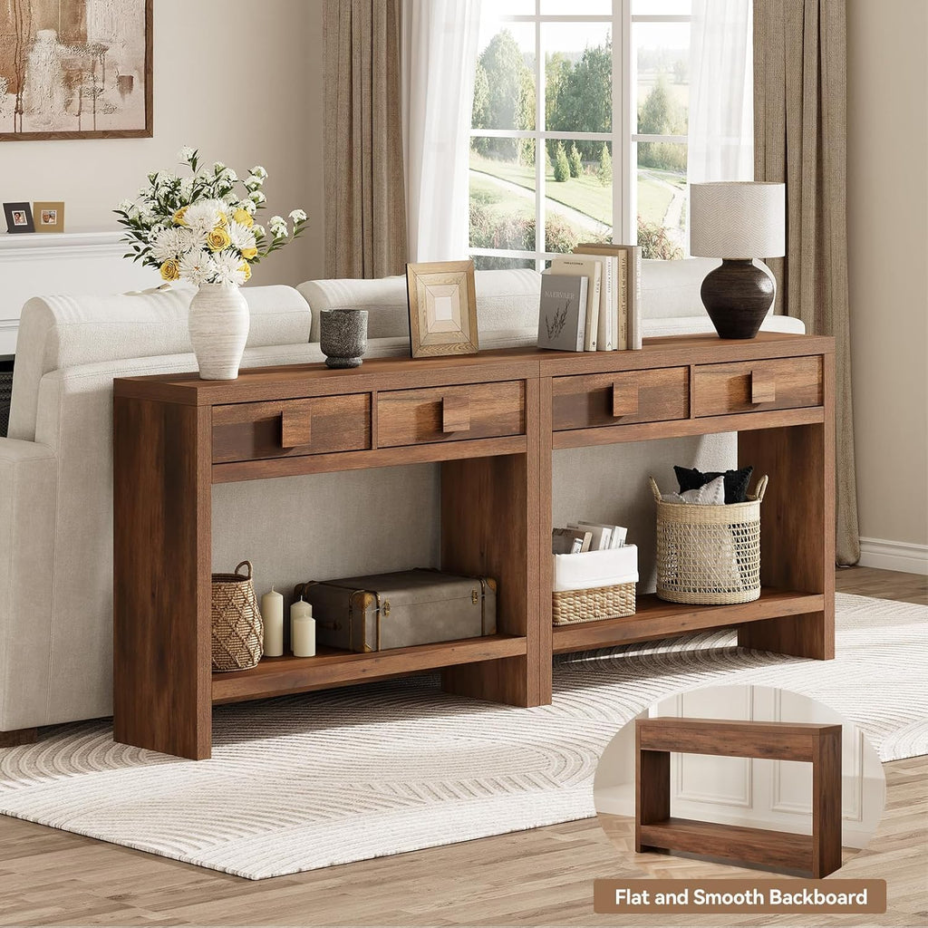 Console Table with Drawers, 40 Inch Narrow Entryway Table with Open Storage Shelves, Mid Century Modern Hallway