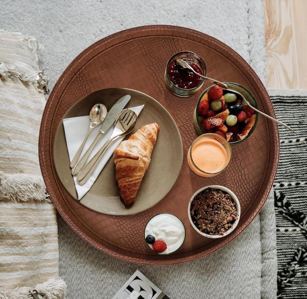 Round Serving Tray 20'', Elegant Faux Leather Circle Ottoman Table Tray, Serve Tea Coffee Breakfast Living Room
