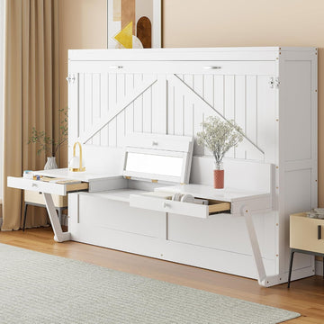 Queen Murphy Bed with Vanity Desk, Foldable Murphy Cabinet Bed with Center Mirror and 2 Side Storage Drawers, Wood