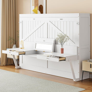 Wall Murphy Bed with Storage, Foldable Cabinet Bed with Vanity Desk, Center Mirror & 2 Side Drawers, Queen, White