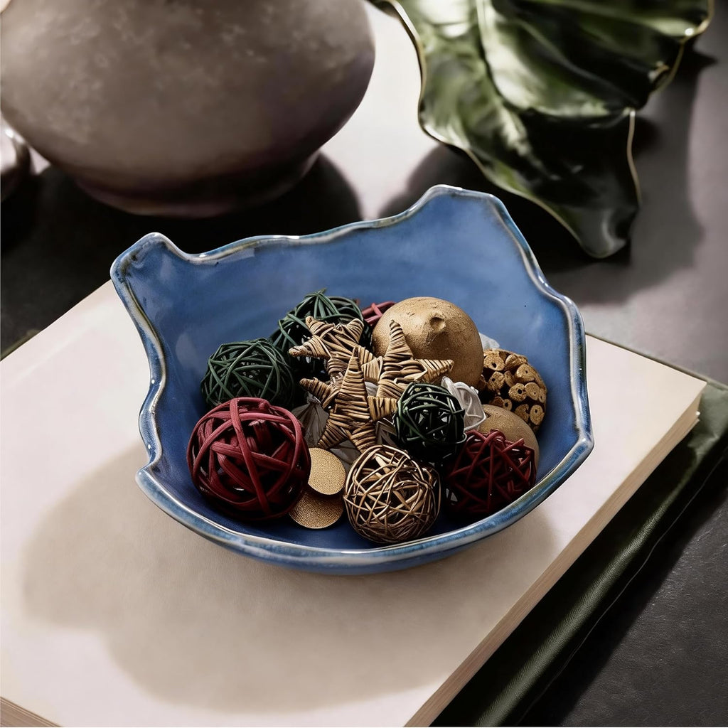 8.6 Inch Ceramic Decorative Bowl with Irregular Wavy Rim and Dynamic Reactive Glaze (Blue)