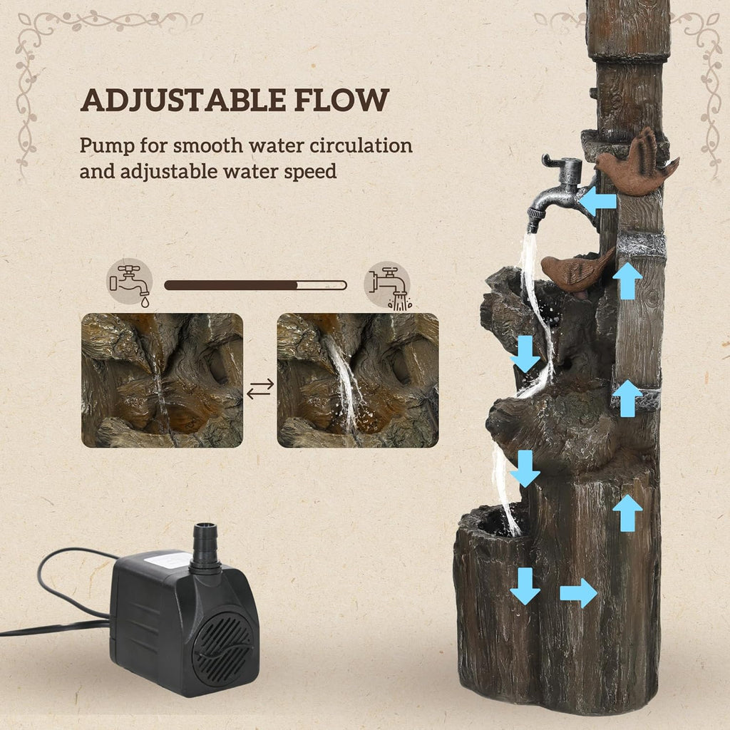 Outdoor Water Fountain, Decorative Garden Birdhouse, 3-Tier Cascading Waterfall with LED Lights and Water Wheel