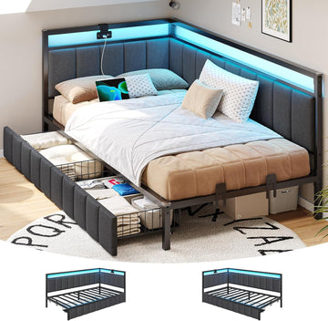 Twin Corner Bed Frame with 2 Storage Drawers and Charging Station Twin Bed Frames with Storage and Led Lights Twin