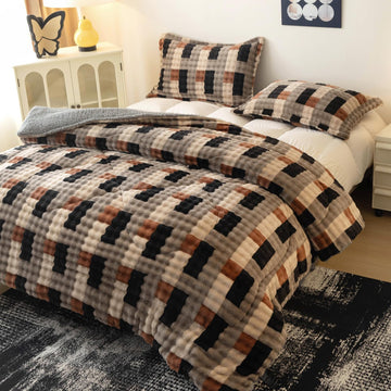 Flannel Sherpa Comforter Set, Soft Warm Reversible Plush Bedding Comforter with 2 Pillow Shams, Cozy Fluffy