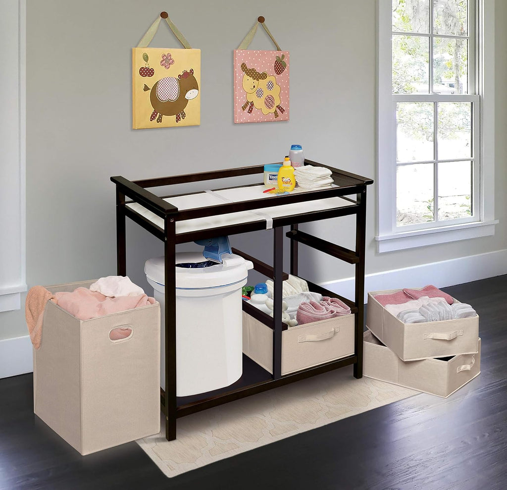Modern Baby Changing Table - Diaper Changing Station with Laundry Hamper, 3 Storage Drawers, Changing Pad, and Safety