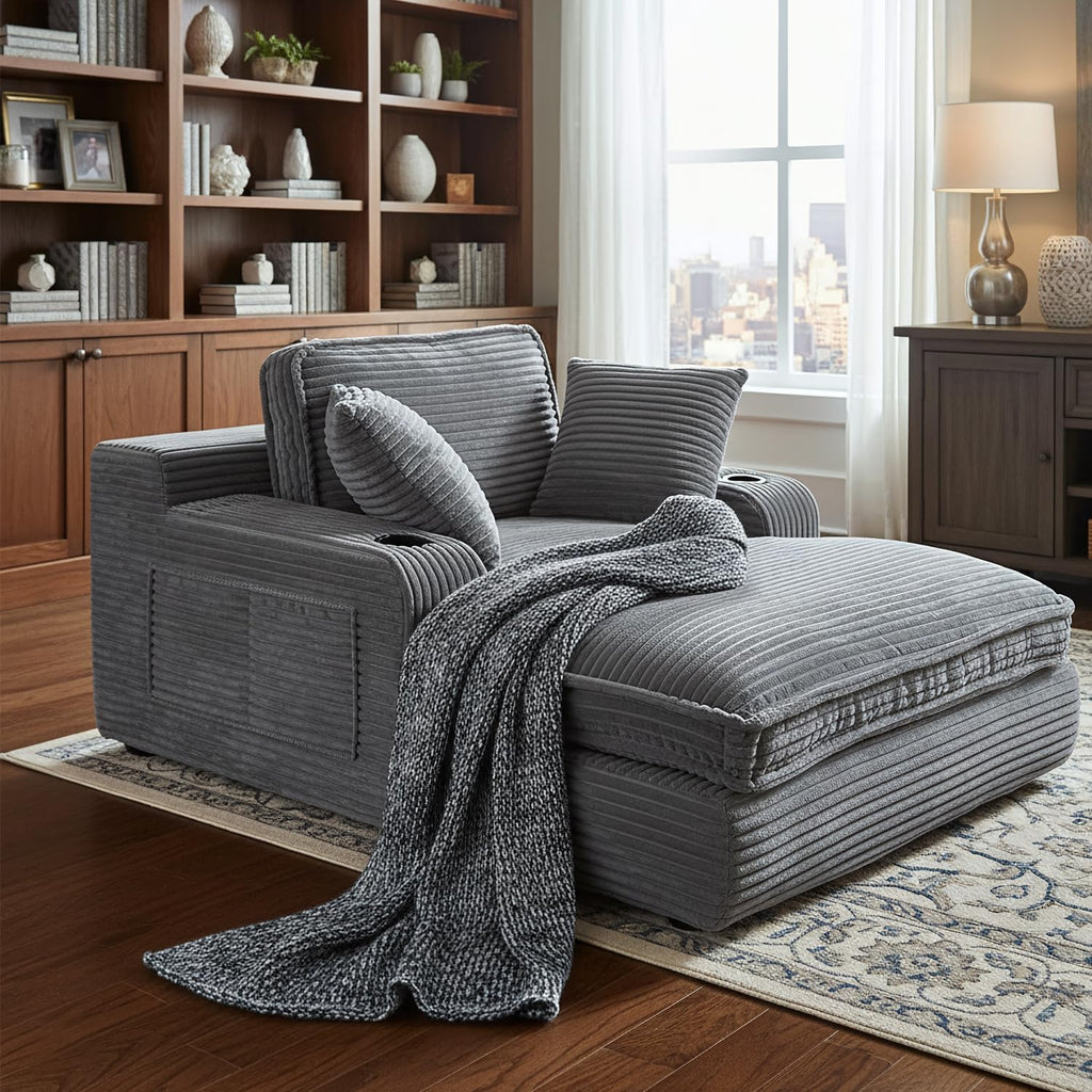 67" Oversized Chaise Lounge Chair Indoor, Soft Boneless Cloud Couch, Gray | Comfy Corduroy Sleeper Couch with 3