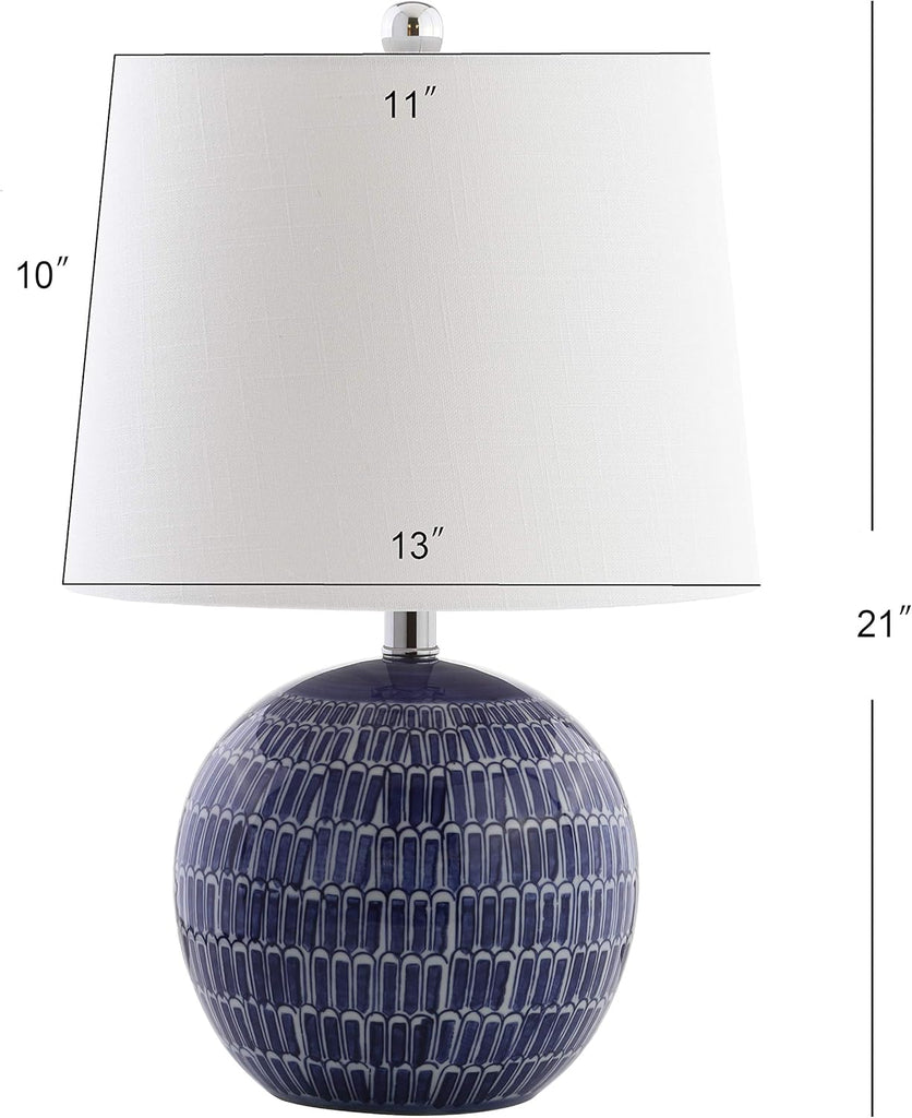 21" Navy Ceramic Hand-Painted Scallop Sphere Table Lamp, Coastal Transitional Bedside Lamp with White Linen Drum Shade