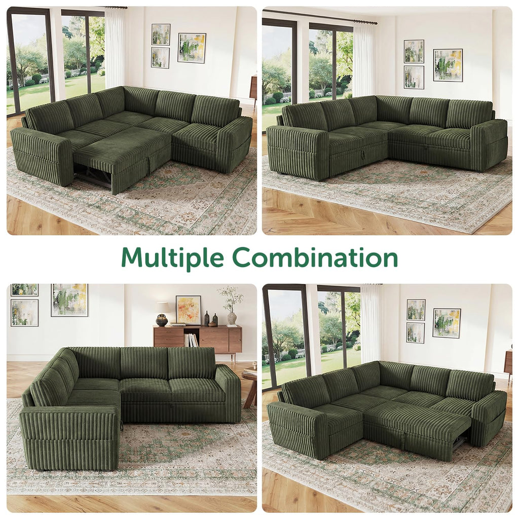 Corduroy L Shaped Sectional Sleeper Sofa with Pull Out Bed, Green