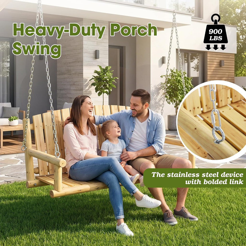 5FT Outdoor Wooden Porch Swing, 3 Person Patio Hanging Bench, Heavy Duty 900 LBS Swing Chair, Solid Fir Wood Porch