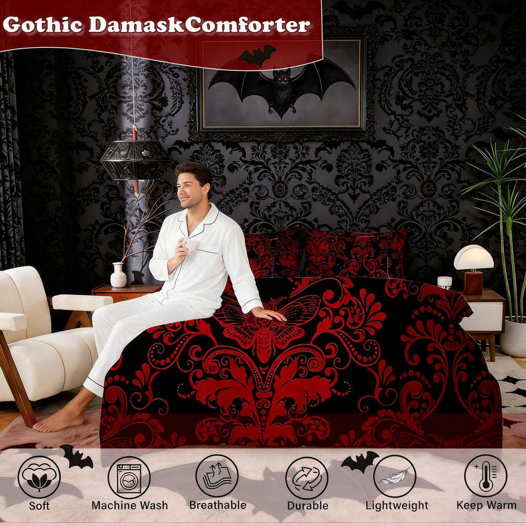 Gothic Damask Bed in a Bag Queen Comforter Set 7 Piece, Exotic Moth Bedding Sets Red Black Victorian Floral Goth Sheet