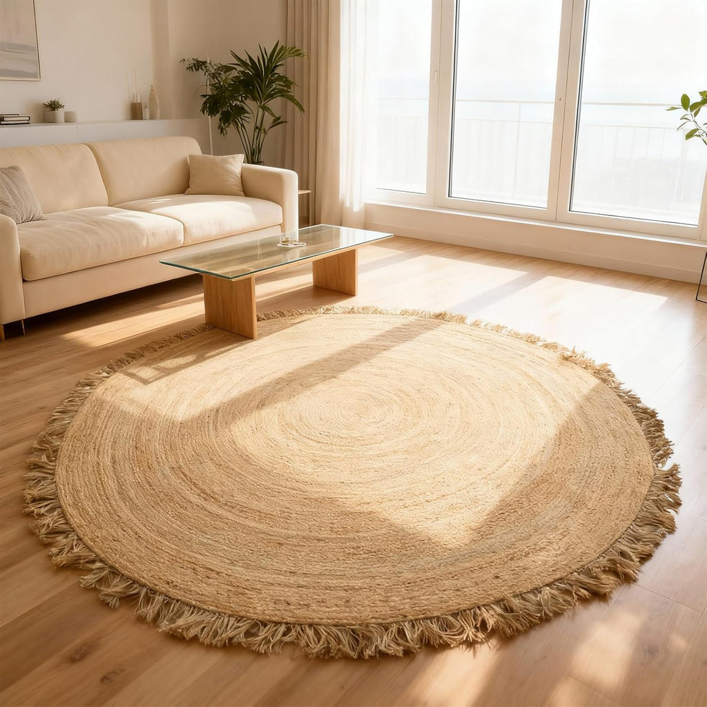 Hand Woven Jute Round Rug, Natural, Reversible Boho Entry Area Rugs